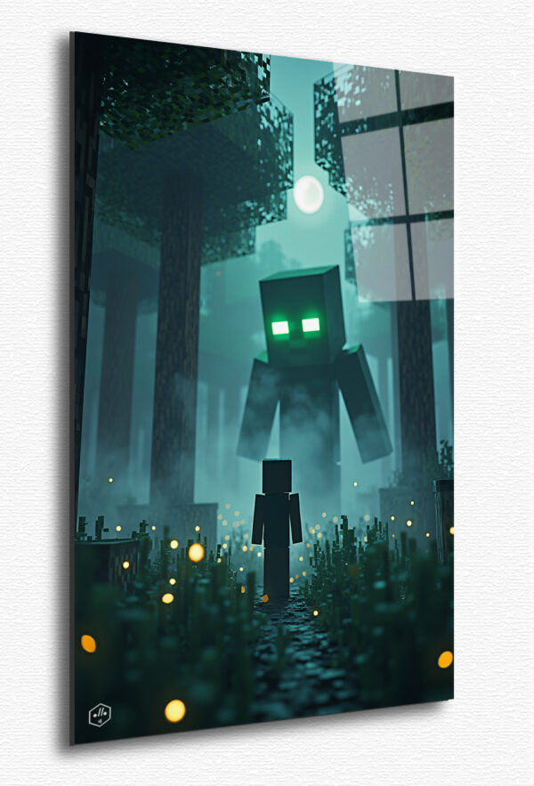 A lone player stands in the moonlit forest, unaware of a Creeper hiding in the shadows, its glowing green eyes peering from the darkness
