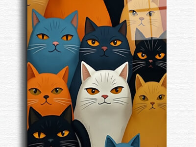 A vibrant depiction of curious cats, blending cubist patterns and vivid colors for a playful yet elegant touc