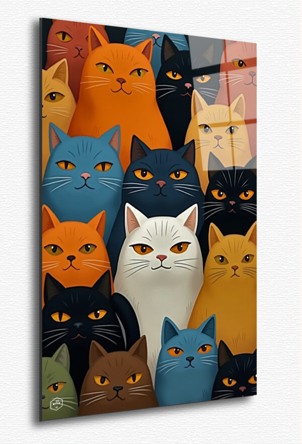 A vibrant depiction of curious cats, blending cubist patterns and vivid colors for a playful yet elegant touc