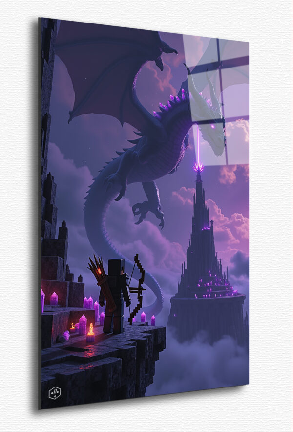 A lone warrior stands on a floating End island, staring up at the Ender Dragon as it circles the towering obsidian pillars, preparing to strike.