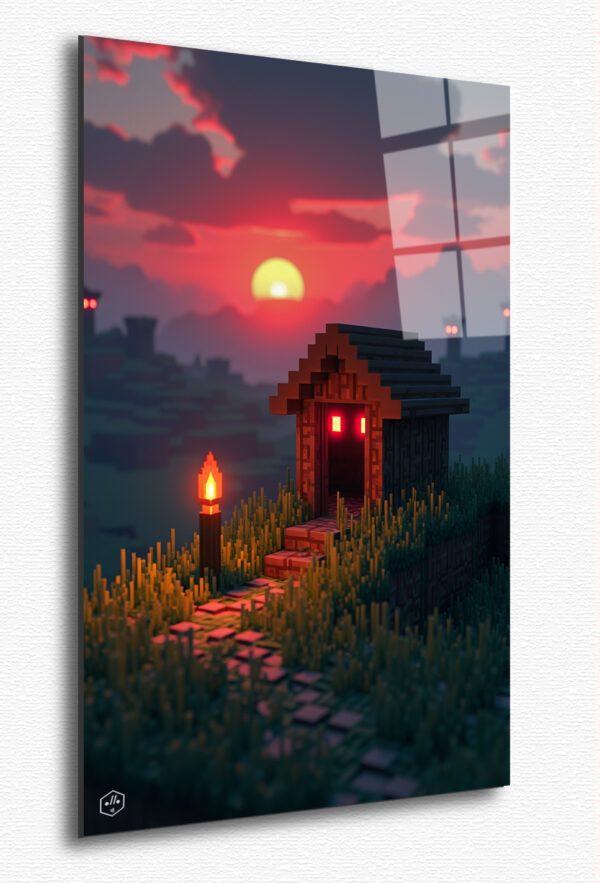 A lone player builds a small wooden shelter under a glowing pixelated sunset, their torch casting a warm light against the encroaching darkness.