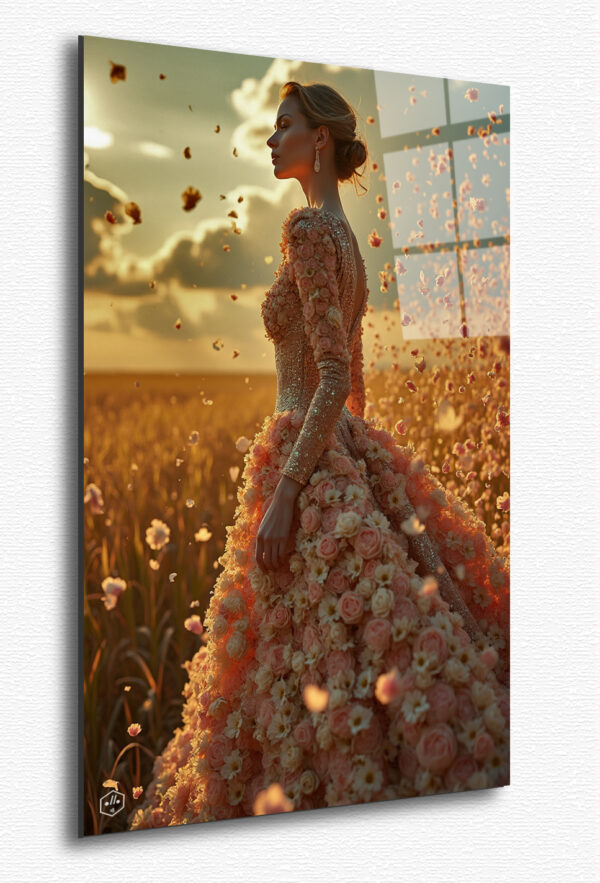 A regal woman in an ethereal gown made entirely of LV monogram flowers, standing in a luminous field where petals float weightlessly around her.
