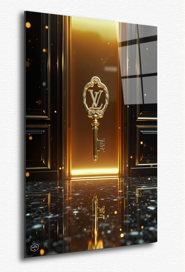 A massive golden key engraved with the Louis Vuitton monogram hovers before an elegant glowing doorway, symbolizing exclusivity and access to a world of timeless fashion.