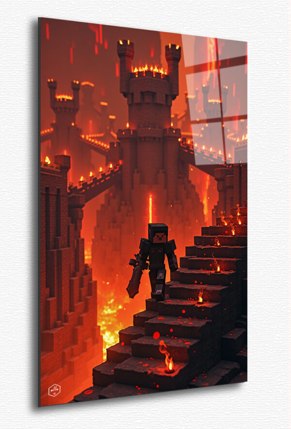 A heavily armored player descends a lava-lit staircase into the Nether, surrounded by towering fortresses and glowing redstone veins.