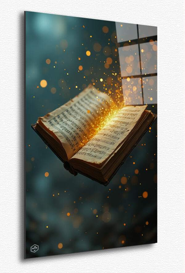 An ancient, tattered notebook floats midair, its pages turning on their own, as golden equations and musical notes rewrite themselves, representing time, love, and fate.