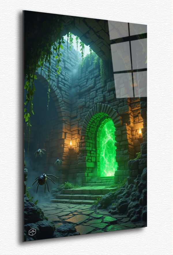 A hidden ancient Stronghold deep underground, its End Portal glowing ominously, surrounded by crumbling stone walls and vines.