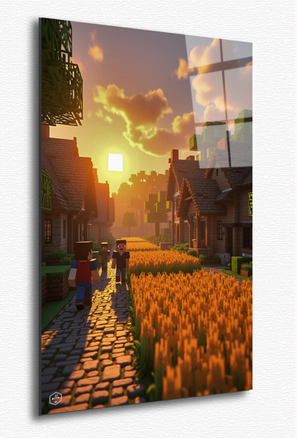 A peaceful Minecraft village bathed in golden morning light, as villagers begin their day amidst fields of wheat and trading stalls.