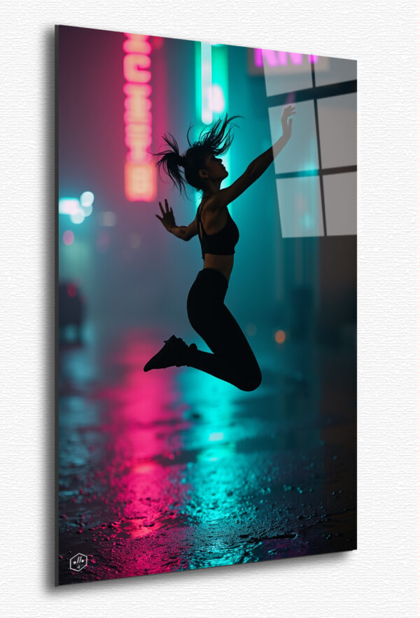 A gravity-defying moment capturing Trinity mid-air, her silhouette illuminated by neon lights as she defies the rules of physics.