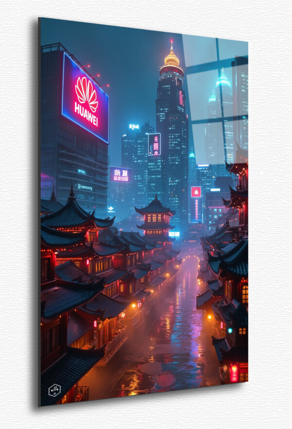 A futuristic cityscape blends traditional Chinese architecture with modern skyscrapers, featuring the Huawei logo on a glowing billboard.