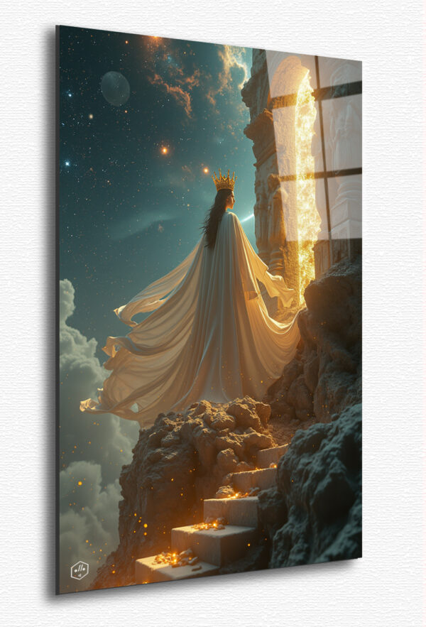 A regal figure stands atop a crumbling celestial palace, their crown dissolving into golden dust as galaxies swirl around them, symbolizing fleeting power.