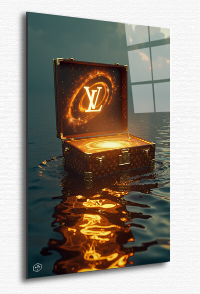 A Louis Vuitton trunk floats above a golden ocean, its lid open, revealing a swirling galaxy inside—symbolizing the brand’s endless journey through time and space.