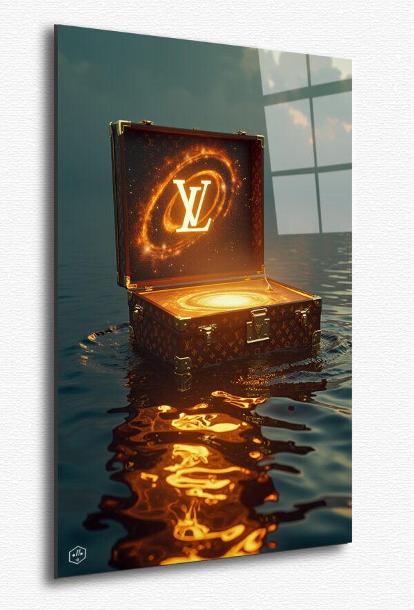 A Louis Vuitton trunk floats above a golden ocean, its lid open, revealing a swirling galaxy inside—symbolizing the brand’s endless journey through time and space.