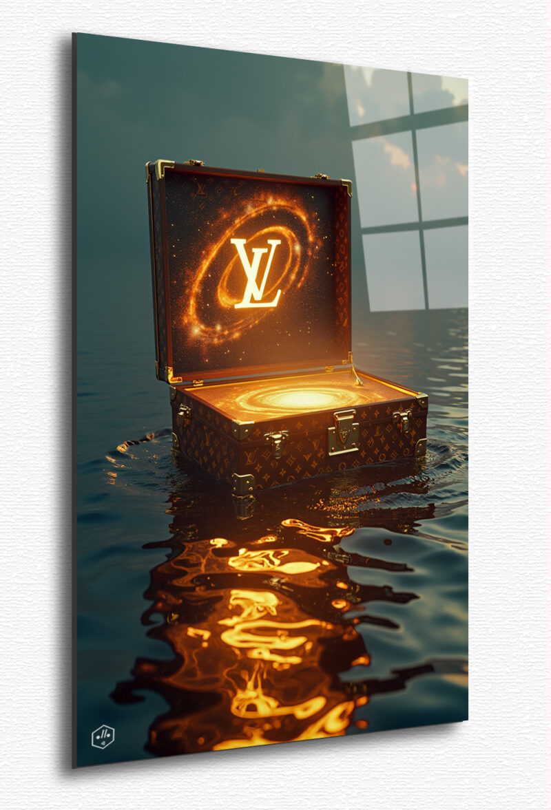 A Louis Vuitton trunk floats above a golden ocean, its lid open, revealing a swirling galaxy inside—symbolizing the brand’s endless journey through time and space.