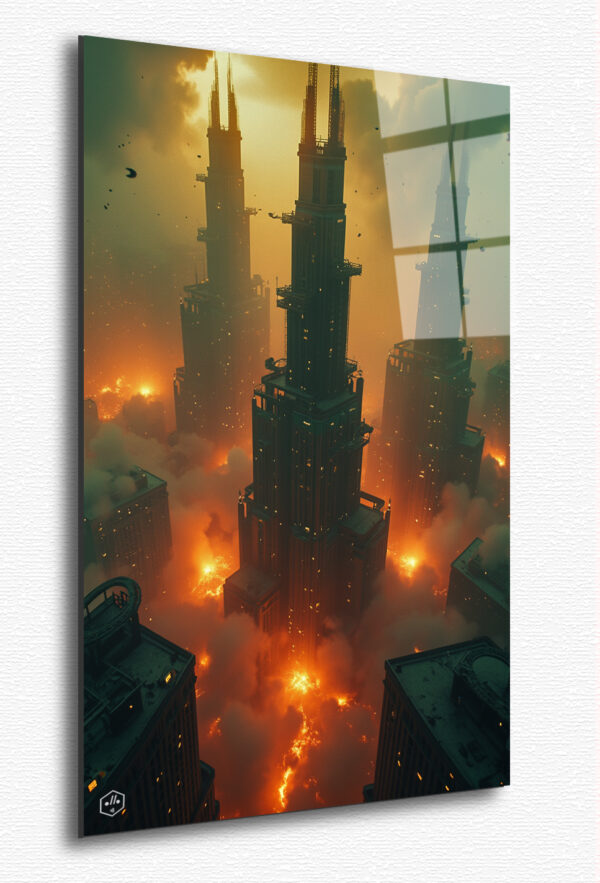 A dramatic aerial view of Zion under attack, its towering structures illuminated by fiery explosions and searchlights