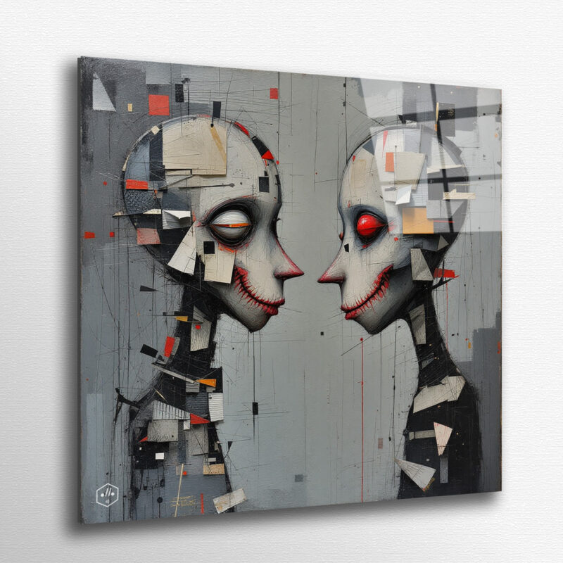 Two grotesque silhouettes face off in vibrating chaos.