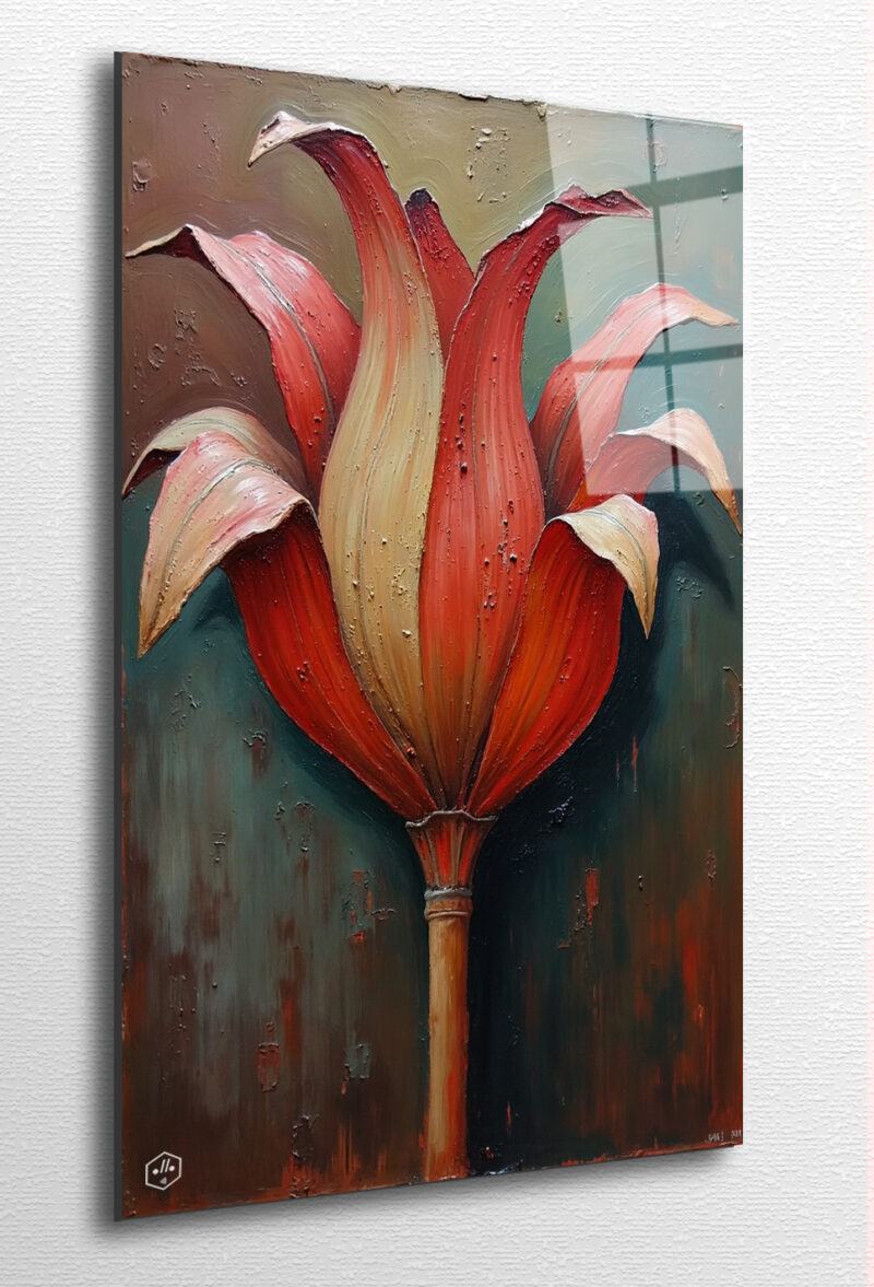 A flower grows upside down, petals like screams of color.