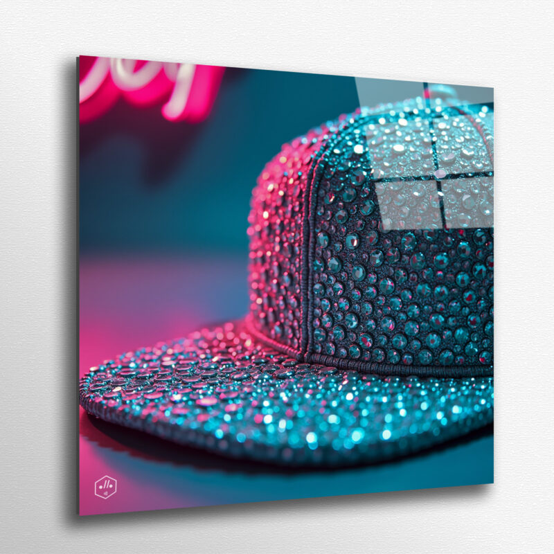 A diamond-encrusted cap brim glowing in acid neon.
