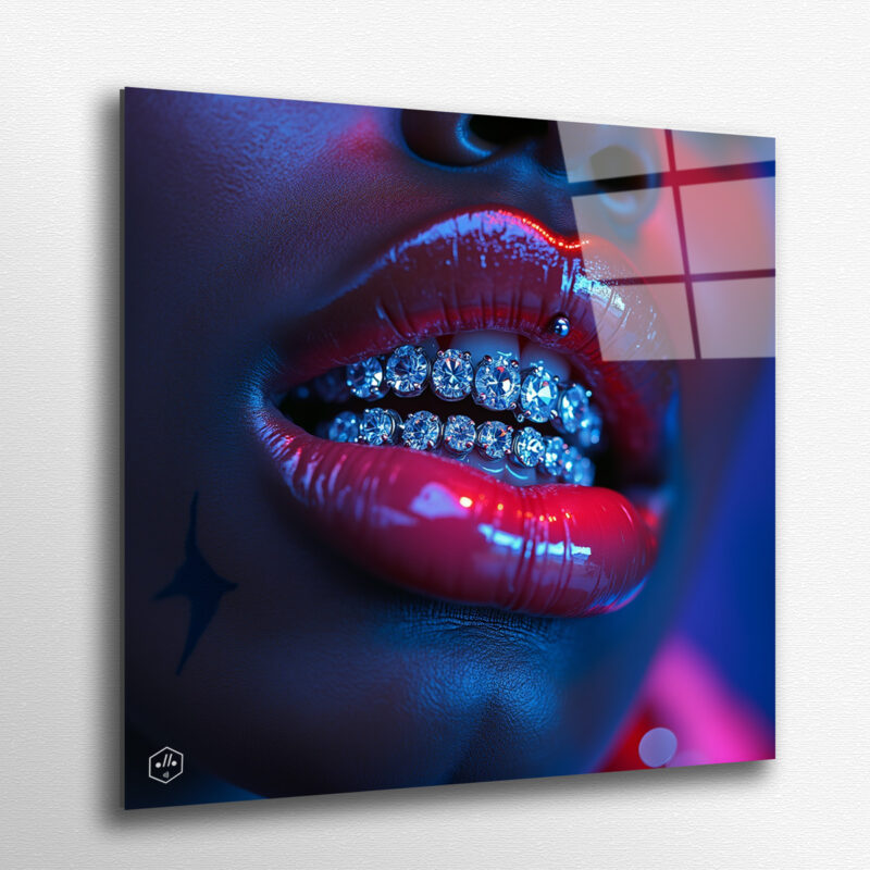 Glossy tattooed lips with diamond grills sparkling under neon stage lights.