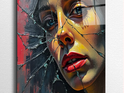 A portrait skewed through cracked glass—identity shattered, colors bleeding.