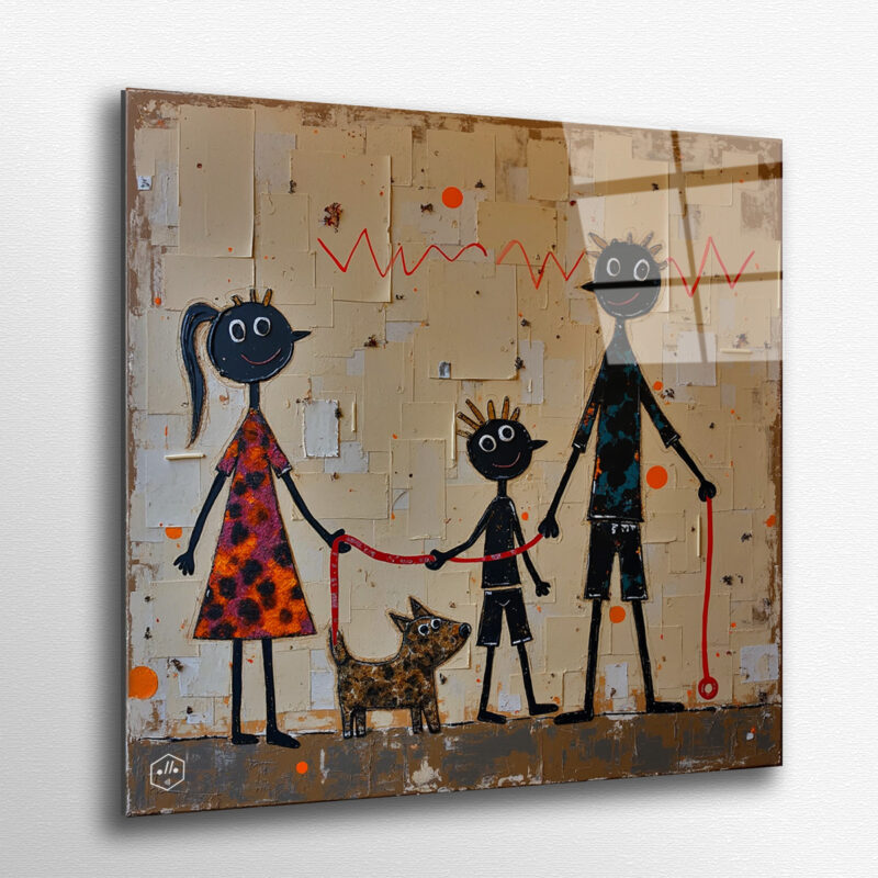 A crooked family drags a collaged dog through chaotic neon.