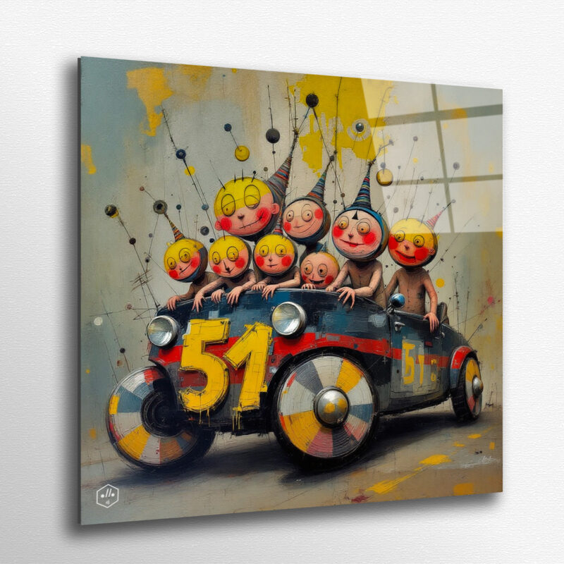 A toy-like car bursts with crooked silhouettes inside.