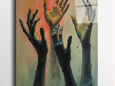 Disembodied hands hover, reaching toward a pastel void.