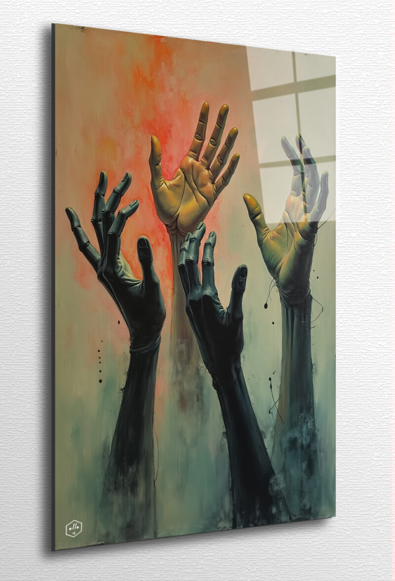 Disembodied hands hover, reaching toward a pastel void.