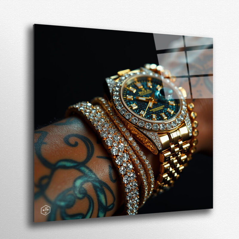 Wrists covered in tattoos carry the weight of multiple gold Rolex watches and diamond bracelets. Veins push against skin under the pressure of metal. Lit by a white spotlight with blue neon reflections, the accessories shine like armor. The oblique crop echoes backstage rap portraits—luxury as survival.