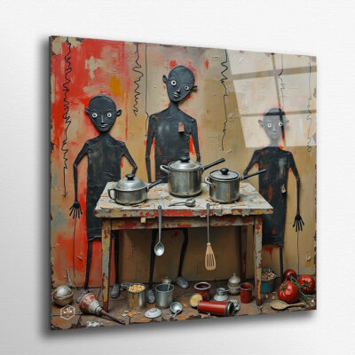 Cooking as puppet theatre in oil and scraps.