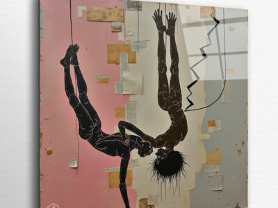 Two crooked silhouettes stacked like puppets, drawn in childish chaos.
