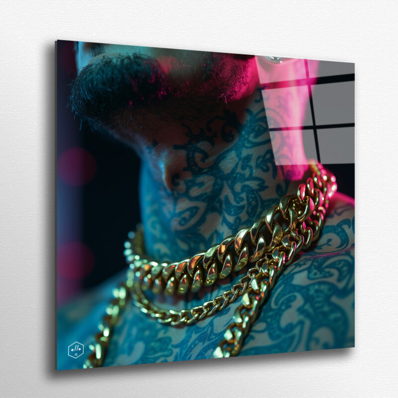 A tattooed neck buried under massive Cuban links glowing in neon.