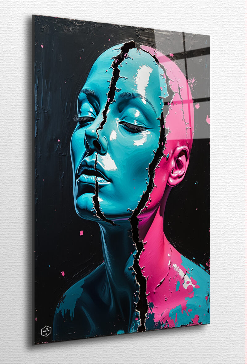 A glossy mask cracked under neon light.
