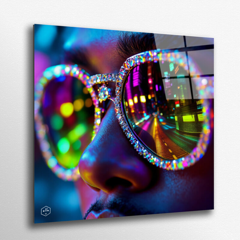 Diamond-framed sunglasses reflecting neon city lights on stage