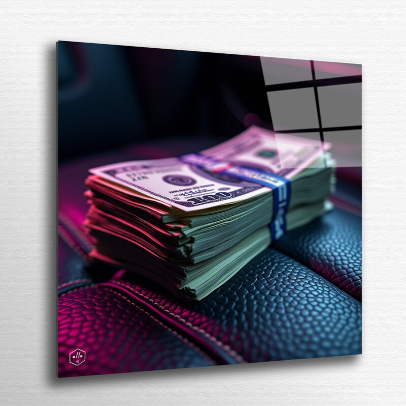 Stacks of bills laid on luxury leather seats, lit like an altar.