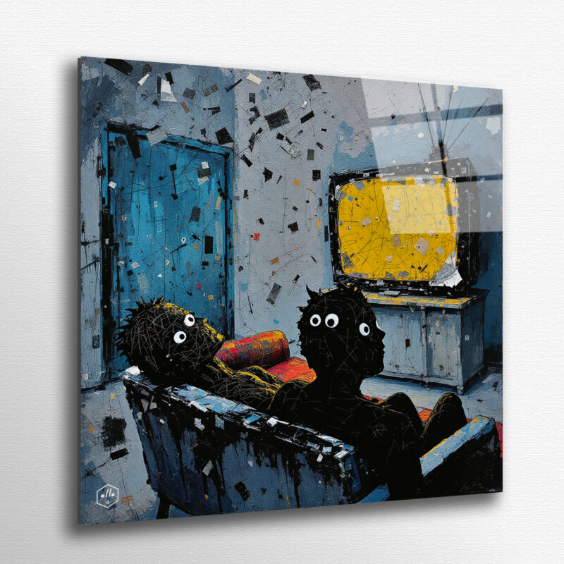 A sofa of crooked silhouettes hypnotized by a collaged screen.