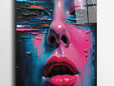 A face layered in glitching filters, collapsing under its own artificial perfection.