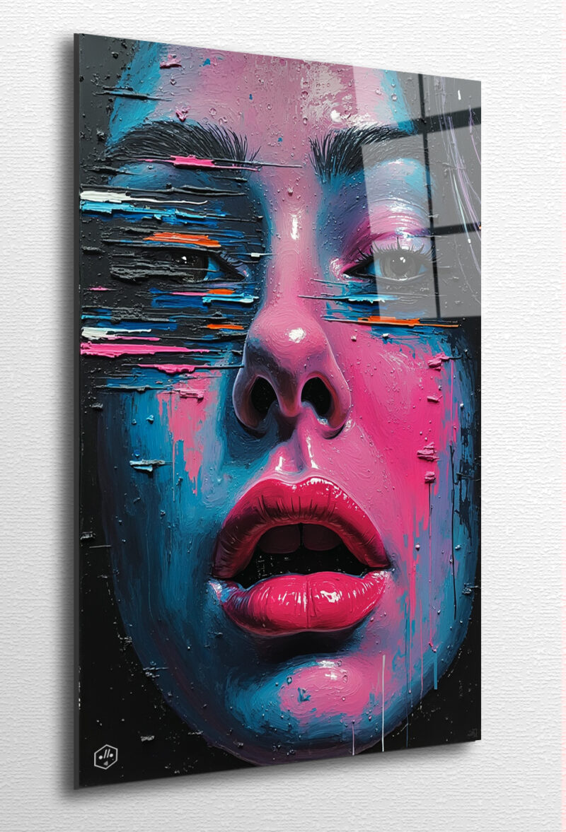 A face layered in glitching filters, collapsing under its own artificial perfection.