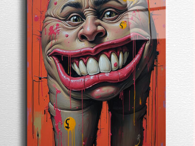 A distorted face grinning too wide, branded with symbols of consumption.