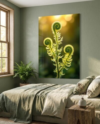 Unfurling fiddlehead ferns spiral open in soft golden light, their coils and feathery edges glowing with the promise of new growth.