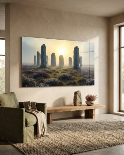 A ring of weathered megaliths rises from the misted moor, gathered around the first gold of a quiet sunrise.
