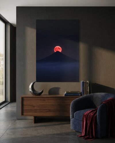 A blood-red moon rises behind the black silhouette of Mount Fuji, monumental and silent above a thin ribbon of mist.