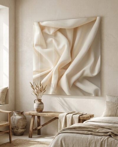 Undyed linen settles into soft, sculptural folds, its weave and gentle creases drawn out by warm raking light.