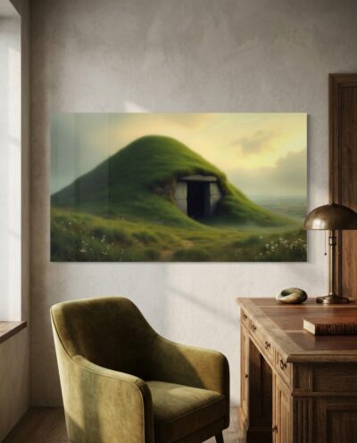 A grass-cloaked burial mound opens its dark megalithic doorway to the first pale light of a misty morning.