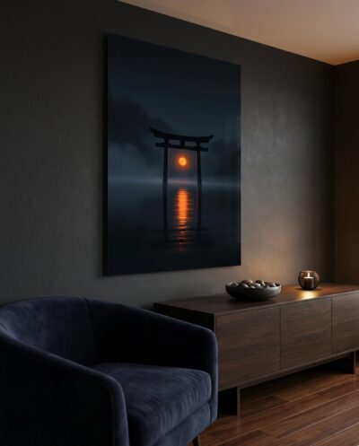 A lone torii gate rises from still black water as a single vermilion glow spills a ribbon of fire across the mirrored surface.