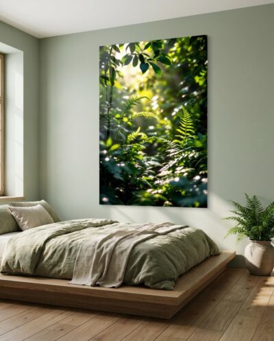 Sunlight scatters across lush ferns and broad leaves, the cool forest floor flecked with shifting coins of warm light.