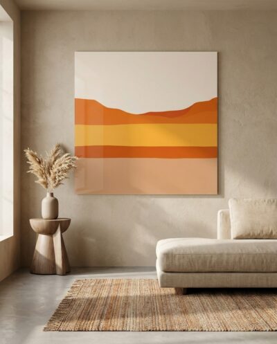 Bands of burnt orange, marigold and soft clay rise like a desert horizon, distilling a sunlit landscape into pure, warm geometry.