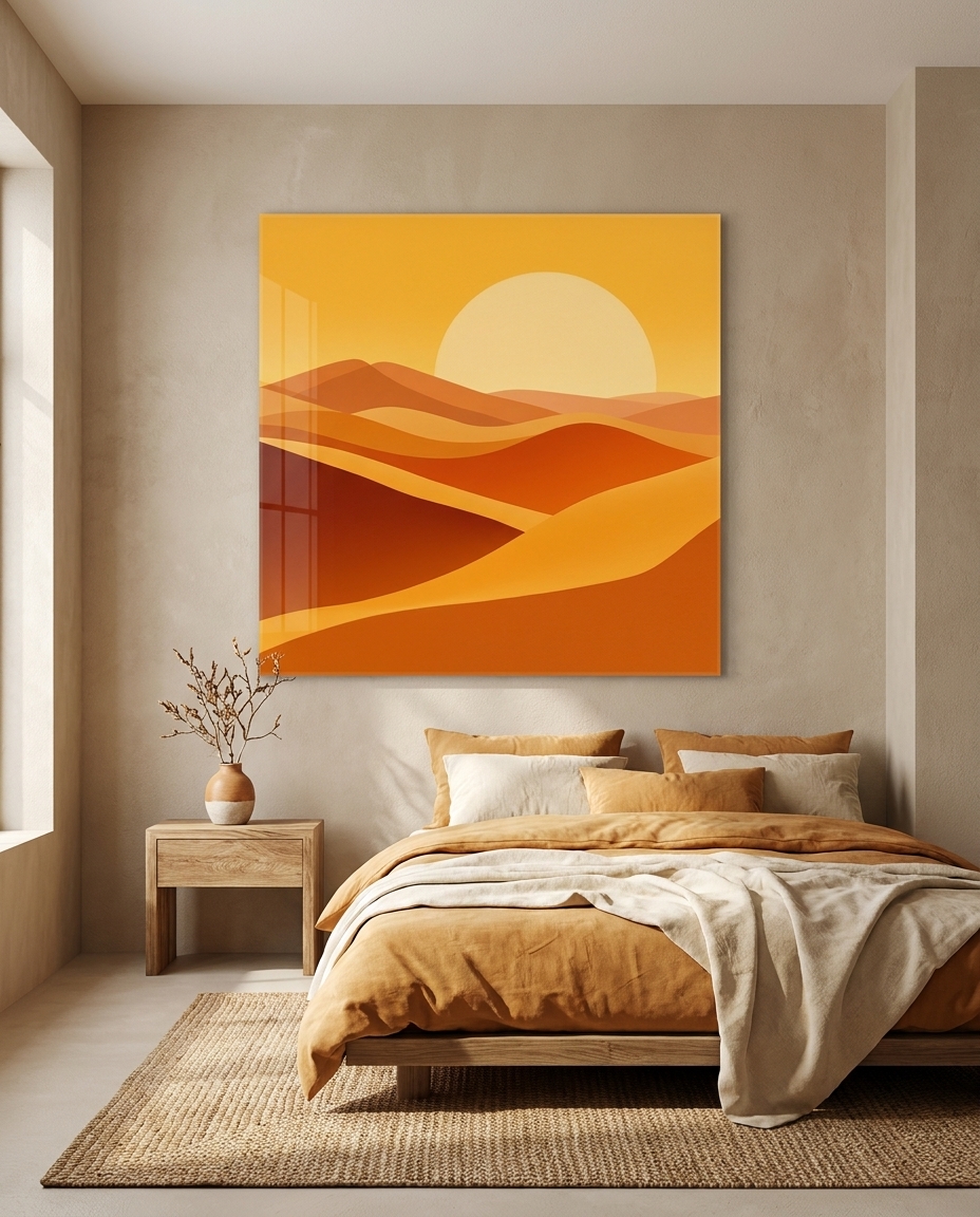 A pale sun rests on layered desert dunes, the sand glowing in warm bands of amber, ochre and burnt orange beneath an open golden sky.