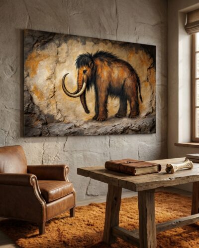 A shaggy mammoth lifts its curved tusks across a wall of warm ochre and charcoal, conjured as though painted on ancient stone.