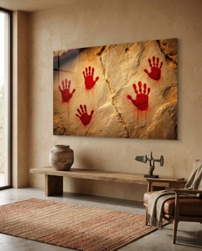 A scatter of red ochre hand stencils reaches across pale, sunlit rock — the oldest and most human of signatures.