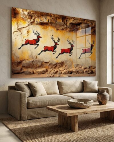 A line of red deer bounds across the rock in graceful procession, their branching antlers raised like a moving forest of dark wood.